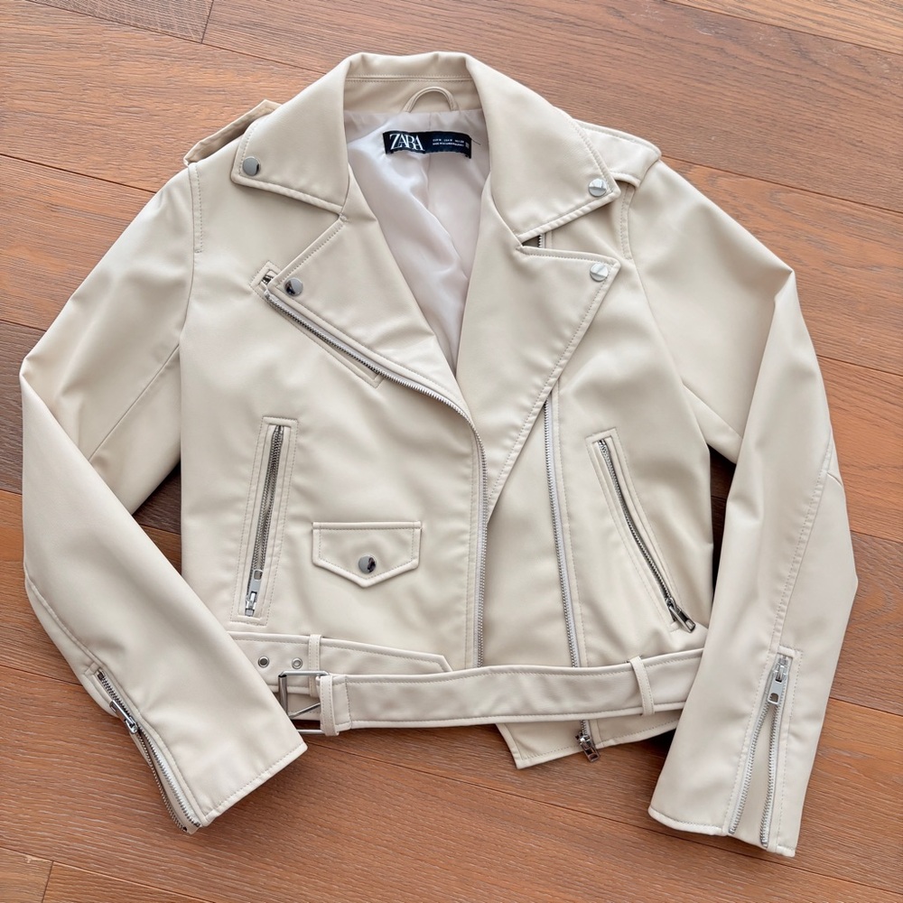 Zara Women's Beige Leather Biker Jacket
